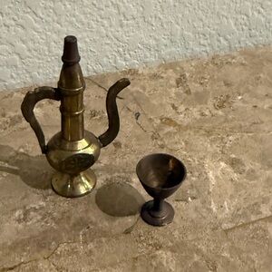 Mini Vintage Brass Coffee Pot and Cup Set